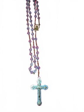 Vintage Religious Rosary Necklace with Clear Beads and Crucifix Pendant
